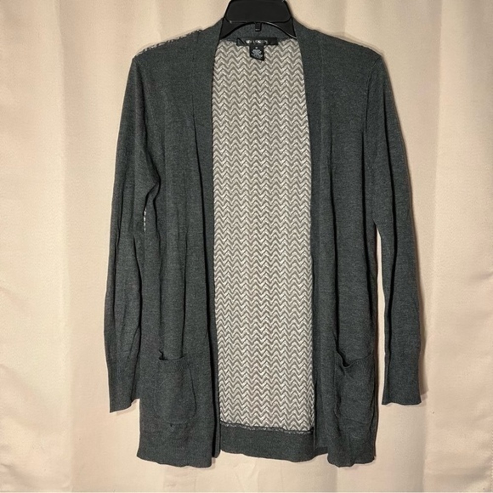 89th & Madison Sheer Chiffon Back Women Front and Sleeves Smoke Heather Cardigan